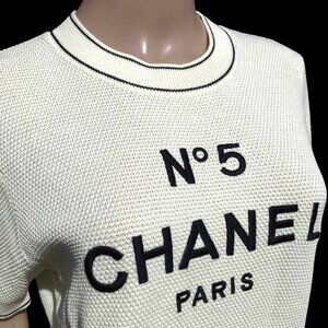 CHANEL Uniform Short Sleeve Creamy Beige Cotton Shirt Embroidered Logo No. 5